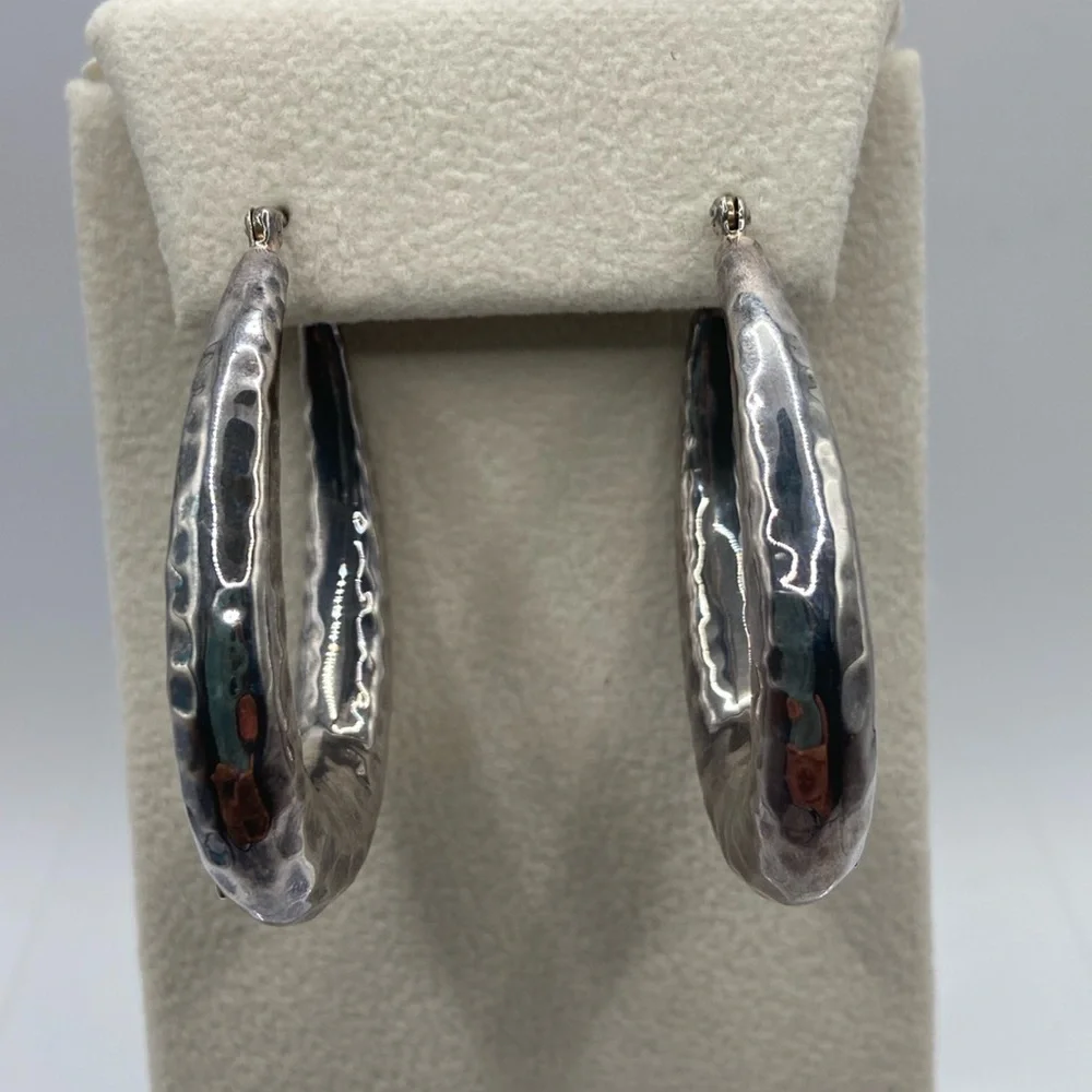Elle Sterling Silver 925 Ruby Oval Hammered Earrings Pierced 1 3/4”L